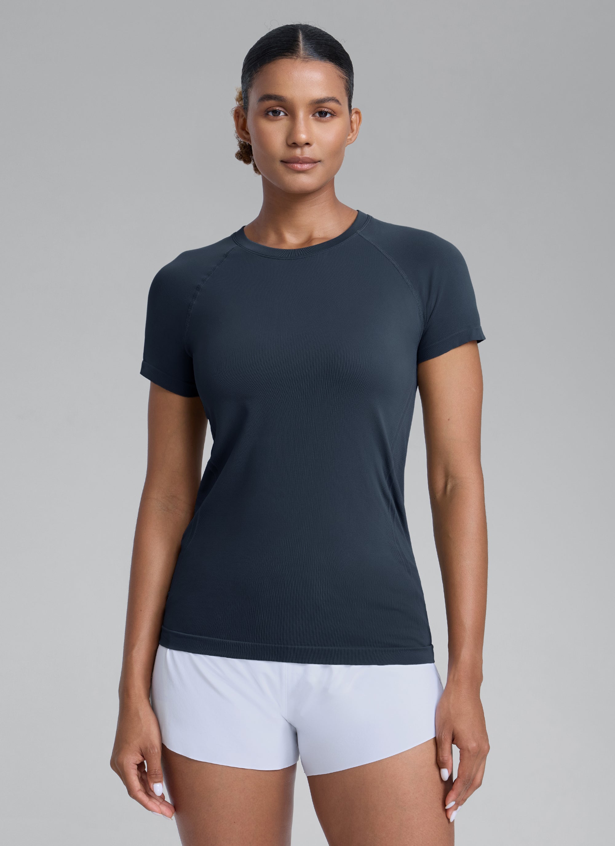CRZ YOGA Women's Running Classic Fit Shirts Seamless Short Sleeves Twilight Blue